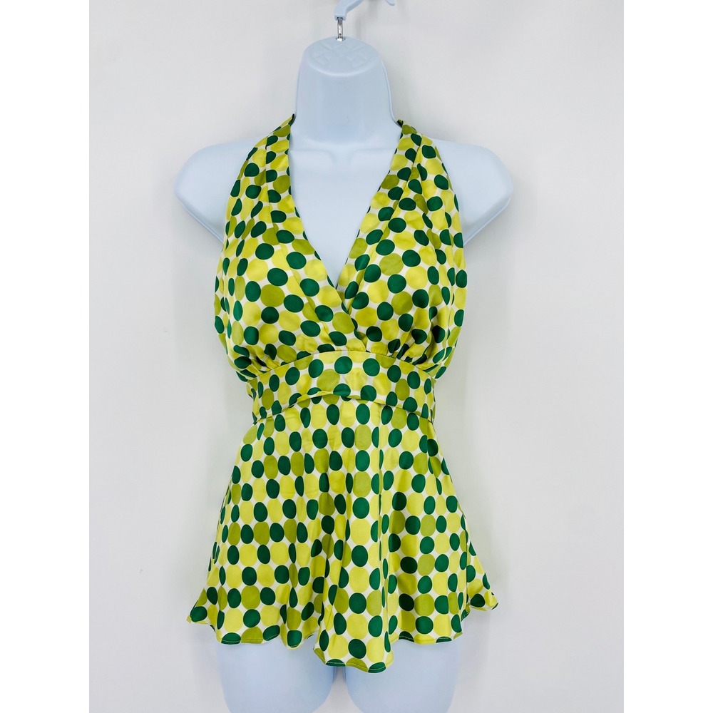 Y2K Vintage Halter Top Women L Green Polka Dot Silk
